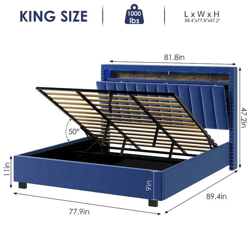 Łóżko do przechowywania z podnośnikiem gazowym King Size z oświetleniem LED RF, zagłówkiem do przechowywania, King Size, aksamitne