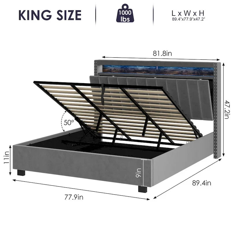 Łóżko do przechowywania z podnośnikiem gazowym King Size z oświetleniem LED RF, zagłówkiem do przechowywania, King Size, aksamitne