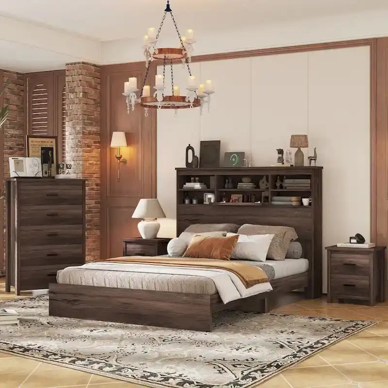 4-częściowy zestaw mebli do sypialni Queen Size, drewniane łóżko w stylu vintage z 2 szafkami nocnymi i 1 komodą