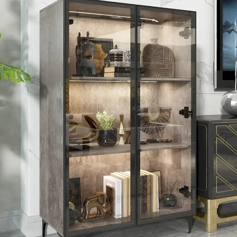 Witryna do przechowywania z przeszklonymi drzwiami i oświetleniem LED