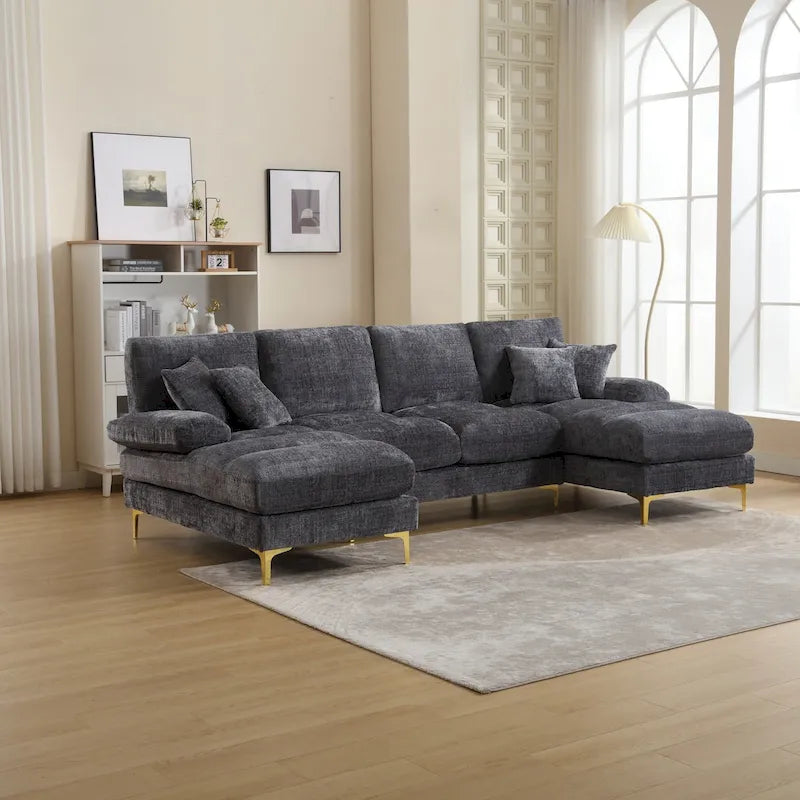 Duża sofa narożna w kształcie litery U z tkaniny szenilowej, nowoczesny salon, miejsca siedzące dla 6+ osób