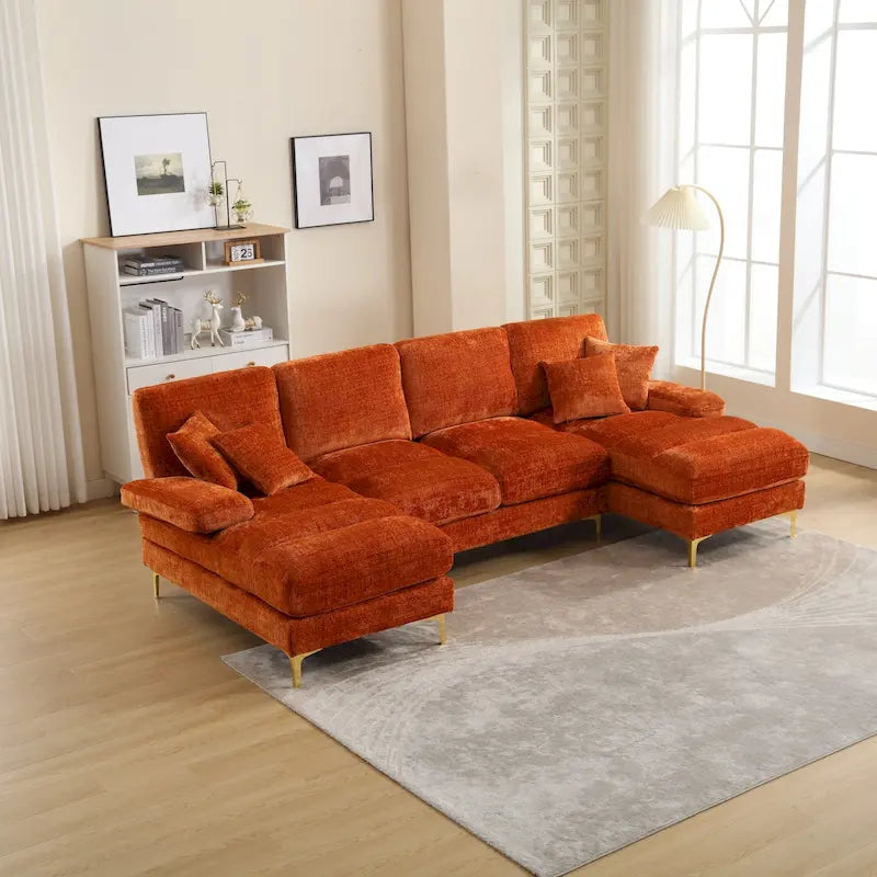 Duża sofa narożna w kształcie litery U z tkaniny szenilowej, nowoczesny salon, miejsca siedzące dla 6+ osób
