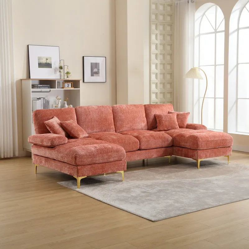 Duża sofa narożna w kształcie litery U z tkaniny szenilowej, nowoczesny salon, miejsca siedzące dla 6+ osób