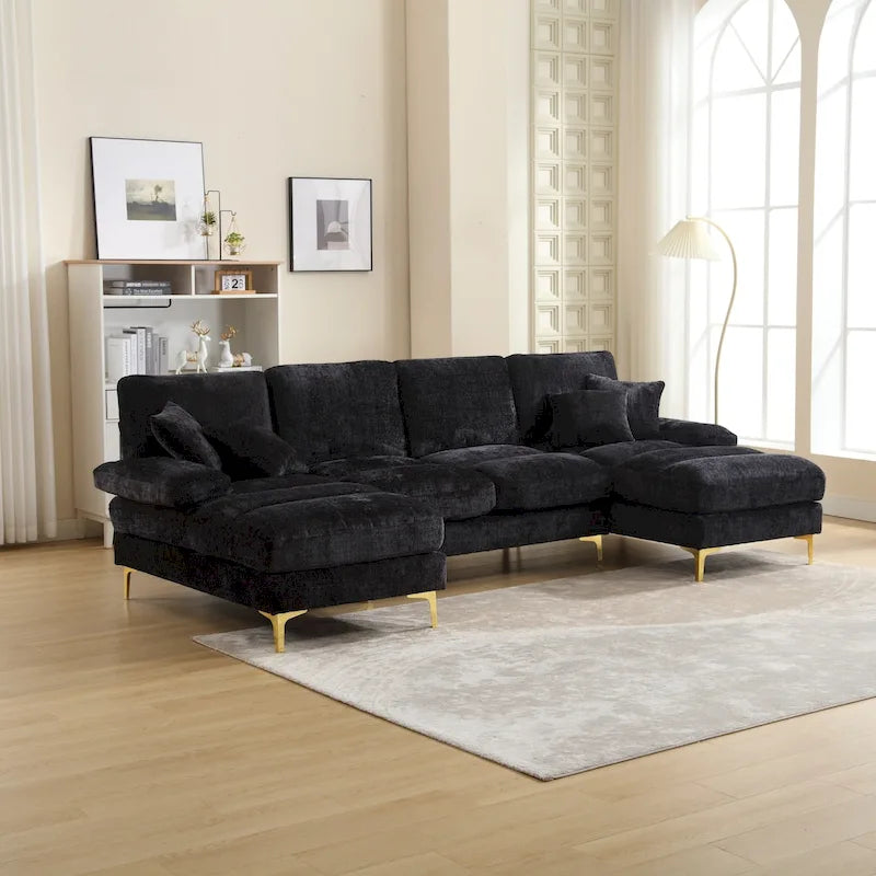 Duża sofa narożna w kształcie litery U z tkaniny szenilowej, nowoczesny salon, miejsca siedzące dla 6+ osób