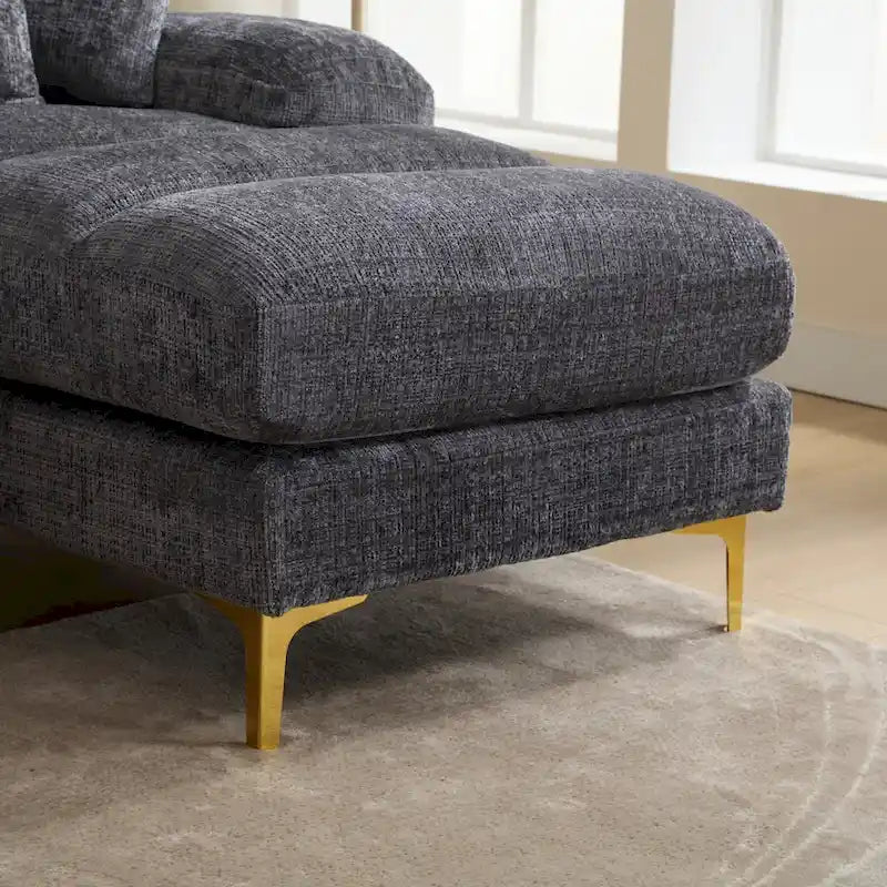 Duża sofa narożna w kształcie litery U z tkaniny szenilowej, nowoczesny salon, miejsca siedzące dla 6+ osób
