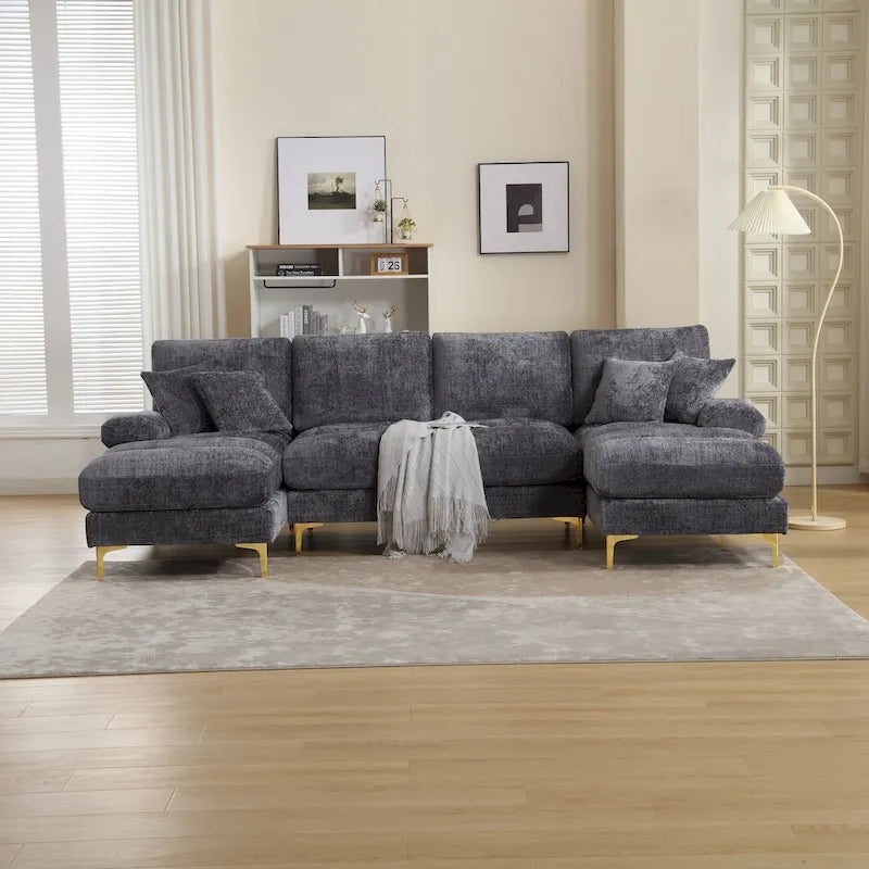 Duża sofa narożna w kształcie litery U z tkaniny szenilowej, nowoczesny salon, miejsca siedzące dla 6+ osób
