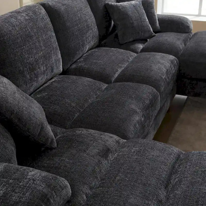 Duża sofa narożna w kształcie litery U z tkaniny szenilowej, nowoczesny salon, miejsca siedzące dla 6+ osób