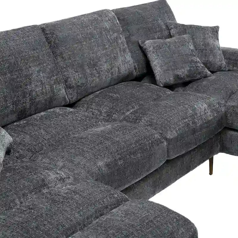 Duża sofa narożna w kształcie litery U z tkaniny szenilowej, nowoczesny salon, miejsca siedzące dla 6+ osób