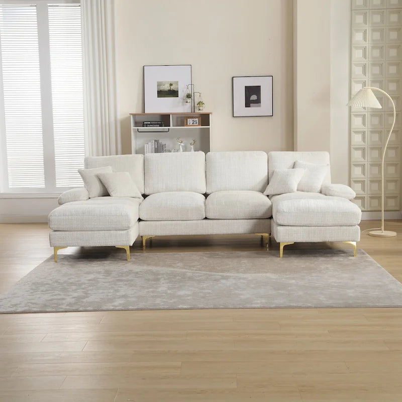 Duża sofa narożna w kształcie litery U z tkaniny szenilowej, nowoczesny salon, miejsca siedzące dla 6+ osób