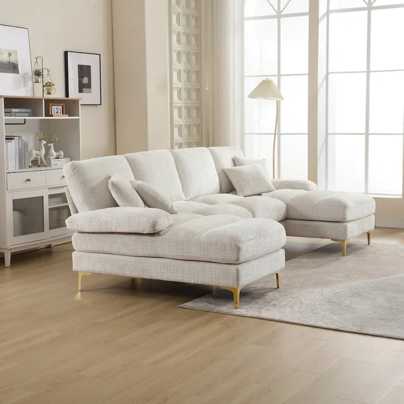 Duża sofa narożna w kształcie litery U z tkaniny szenilowej, nowoczesny salon, miejsca siedzące dla 6+ osób