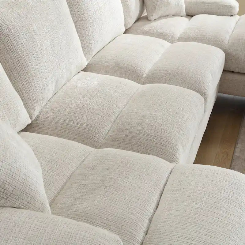 Duża sofa narożna w kształcie litery U z tkaniny szenilowej, nowoczesny salon, miejsca siedzące dla 6+ osób