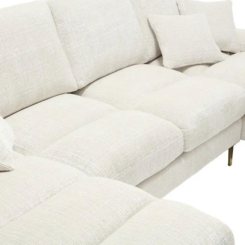 Duża sofa narożna w kształcie litery U z tkaniny szenilowej, nowoczesny salon, miejsca siedzące dla 6+ osób