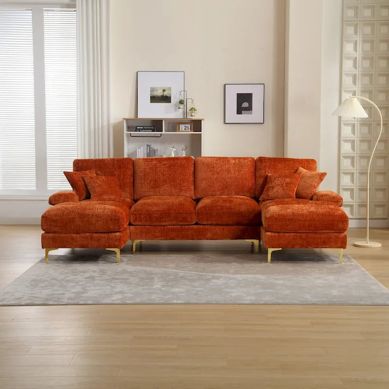 Duża sofa narożna w kształcie litery U z tkaniny szenilowej, nowoczesny salon, miejsca siedzące dla 6+ osób