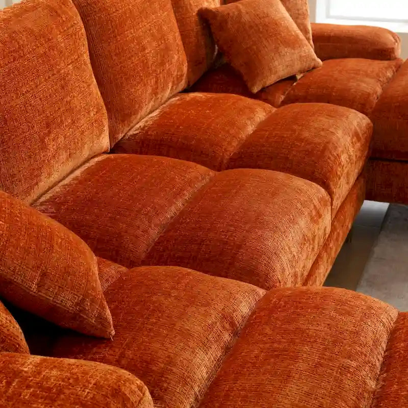 Duża sofa narożna w kształcie litery U z tkaniny szenilowej, nowoczesny salon, miejsca siedzące dla 6+ osób