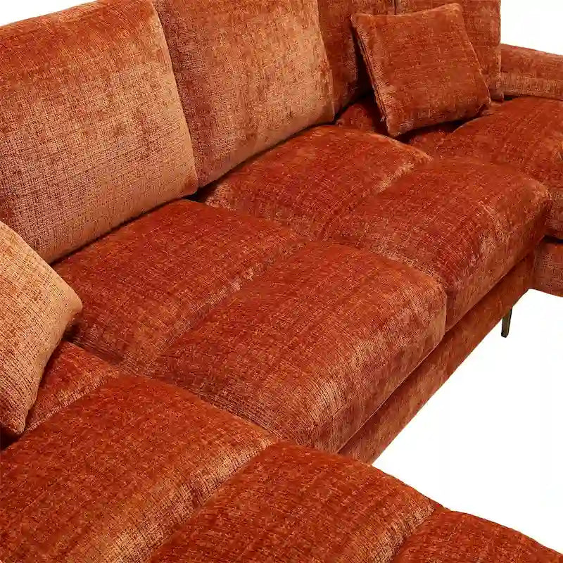 Duża sofa narożna w kształcie litery U z tkaniny szenilowej, nowoczesny salon, miejsca siedzące dla 6+ osób