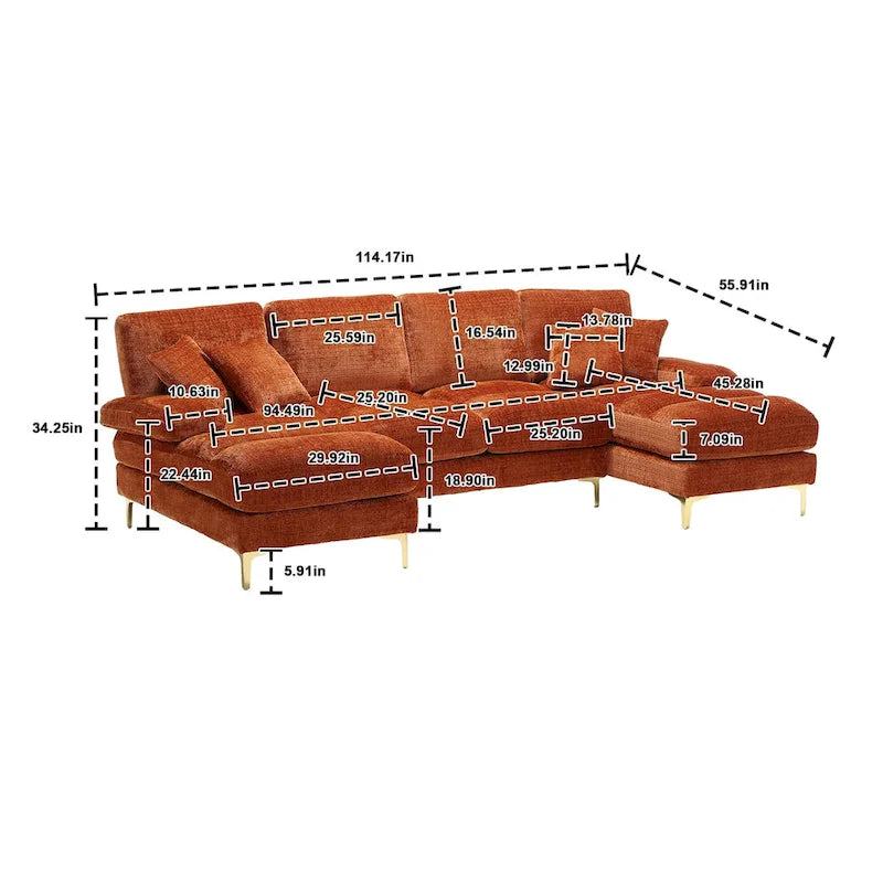 Duża sofa narożna w kształcie litery U z tkaniny szenilowej, nowoczesny salon, miejsca siedzące dla 6+ osób