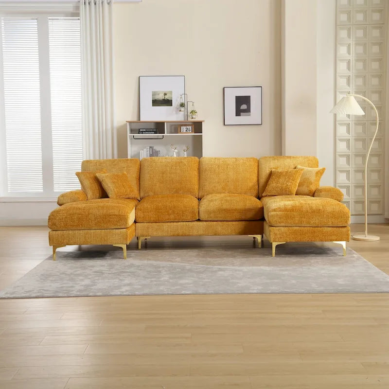 Duża sofa narożna w kształcie litery U z tkaniny szenilowej, nowoczesny salon, miejsca siedzące dla 6+ osób