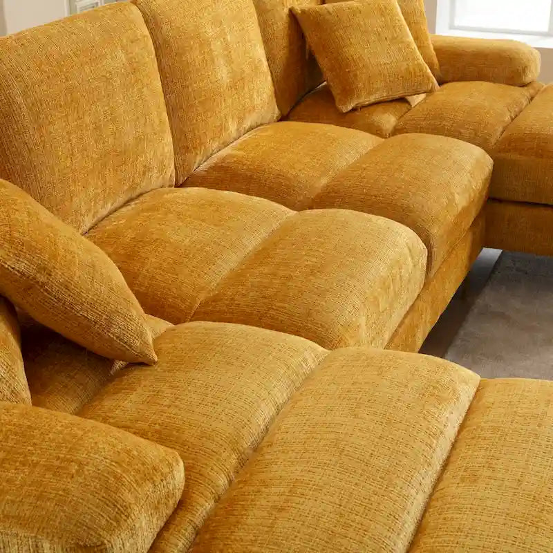 Duża sofa narożna w kształcie litery U z tkaniny szenilowej, nowoczesny salon, miejsca siedzące dla 6+ osób