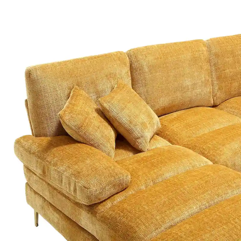 Duża sofa narożna w kształcie litery U z tkaniny szenilowej, nowoczesny salon, miejsca siedzące dla 6+ osób