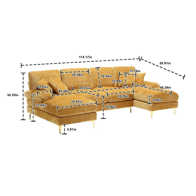 Duża sofa narożna w kształcie litery U z tkaniny szenilowej, nowoczesny salon, miejsca siedzące dla 6+ osób