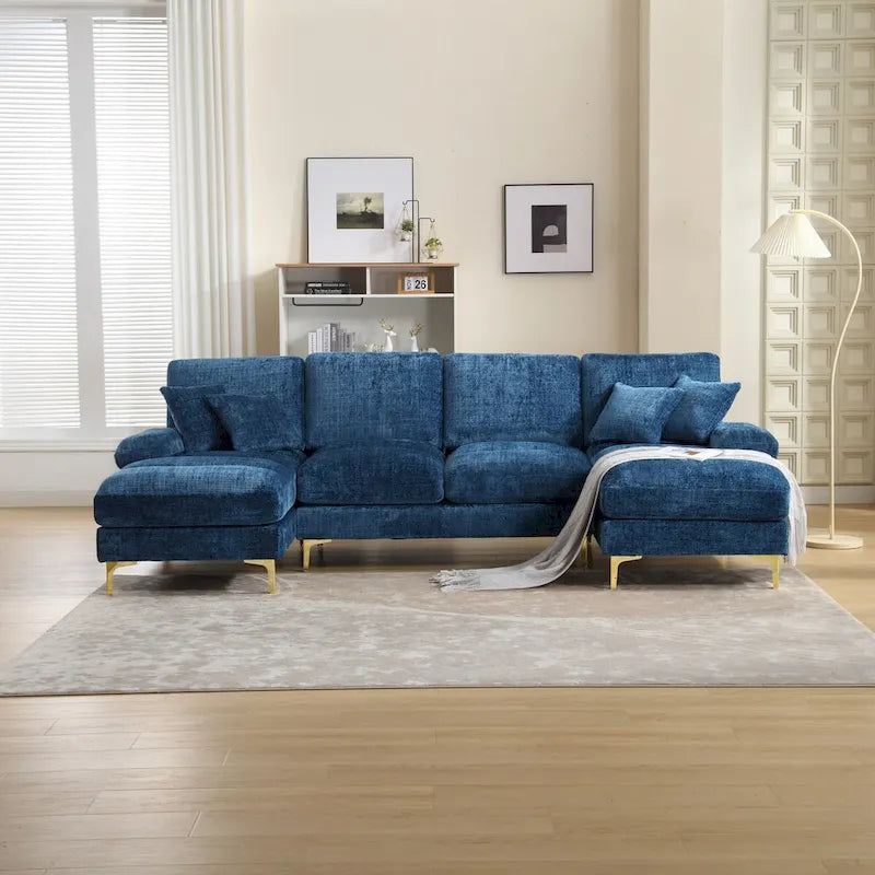 Duża sofa narożna w kształcie litery U z tkaniny szenilowej, nowoczesny salon, miejsca siedzące dla 6+ osób