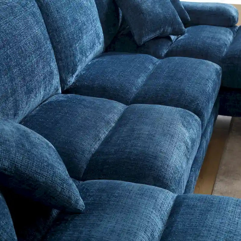 Duża sofa narożna w kształcie litery U z tkaniny szenilowej, nowoczesny salon, miejsca siedzące dla 6+ osób